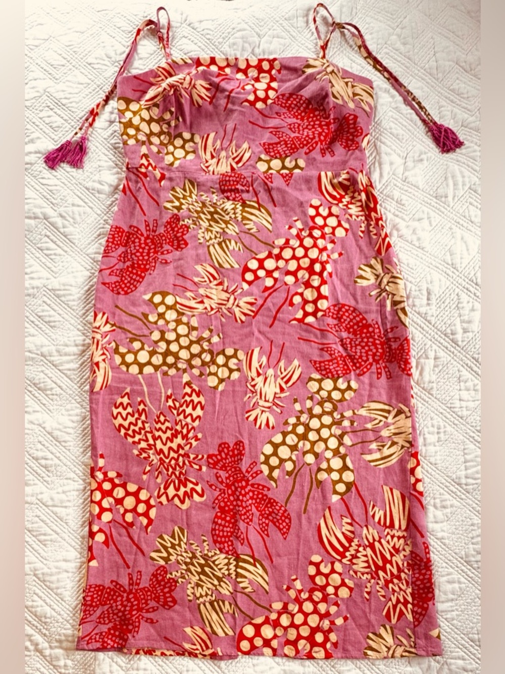 Rachel Zoe Linen Blend Pink Lobster Print Maxi Dress with Beaded Tassels Sz Lg